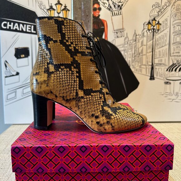 Tory Burch Vienna 70mm Stamp Snake Printed Leather/ Grosgrain Bootie NIB - Picture 2 of 10